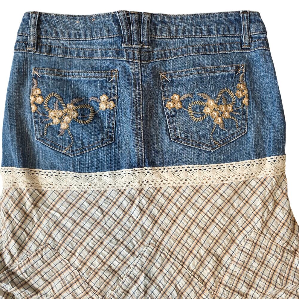 Vtg Y2K Candie's Denim Plaid Asymmetrical Lace Trim Handkerchief Midi Skirt - Picture 6 of 13